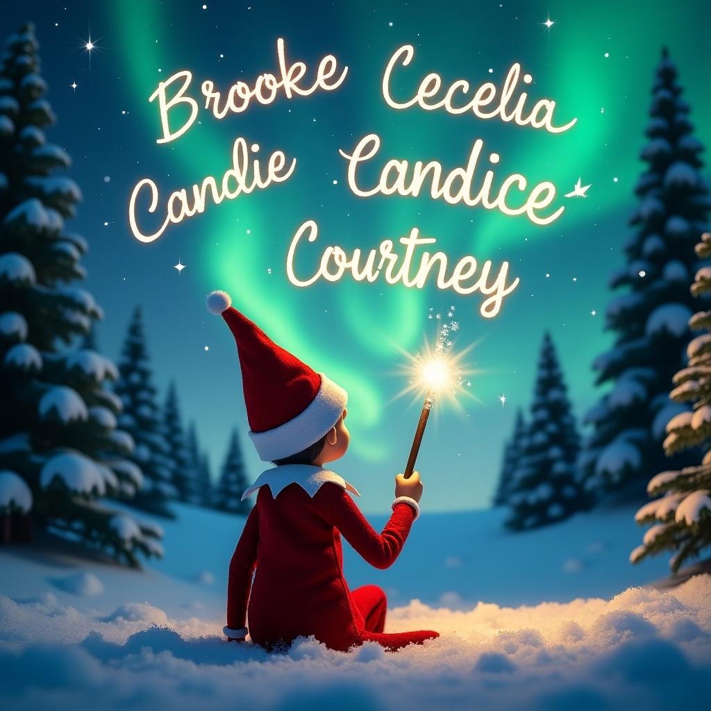 The image features an elf on the shelf, sitting with its back to the viewer, facing a beautiful sky filled with northern lights. The elf is using a magical wand to write names in the sky. The scene is set in a winter wonderland with snow covering the ground and evergreen trees in the background. Above the elf, the names 'Brooke', 'Cecelia', 'Candice', and 'Courtney' are elegantly written in sparkling light. The overall atmosphere is whimsical and festive, embodying the magic of Christmas.