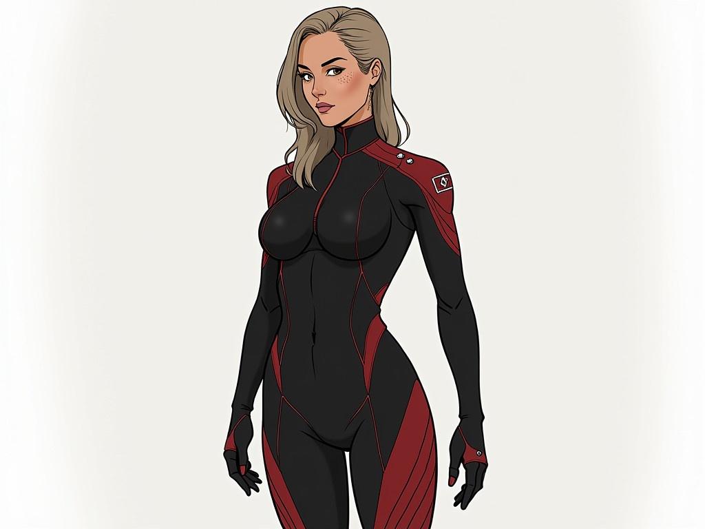 Create a realistic character design of a Trill woman. She is wearing a uniform made of tough synthetic fabric, with a structured fit that reflects a military style rather than a bodysuit. The uniform is primarily black with red accents and features an emblem on her shoulder. Her body proportions should be proportional and athletic, in line with a trained officer. The iconic Trill spots should be visible on her face, adding to her unique appearance. The background should be simple to keep the focus on the character.