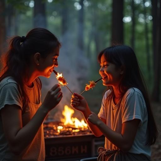 Photography shows mother and daughter in forest at dusk. They share a goat satay skewer. Mother offers skewer to daughter. Daughter laughs mid-bite. Satay vendor is nearby. Toyota Land Cruiser FJ45 is in background. Warm light highlights their faces. Emotions of joy and connection are evident. Earthy colors and shadows create mood.