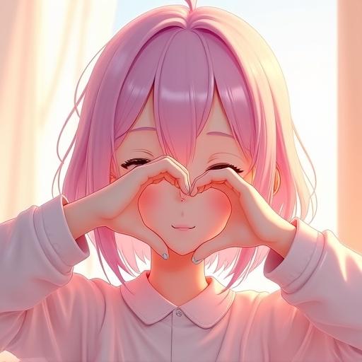 Cute anime girl with pastel hair and playful expression forms a heart shape with hands over her right eye.