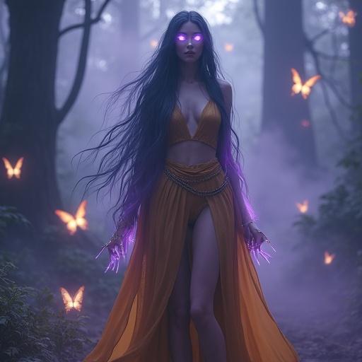 A forest with mist and butterflies. A goddess named Nyxara stands in the center. She has glowing skin and long black-silver hair. Her eyes glow and she wears golden silk. The background shows ancient trees and fog.