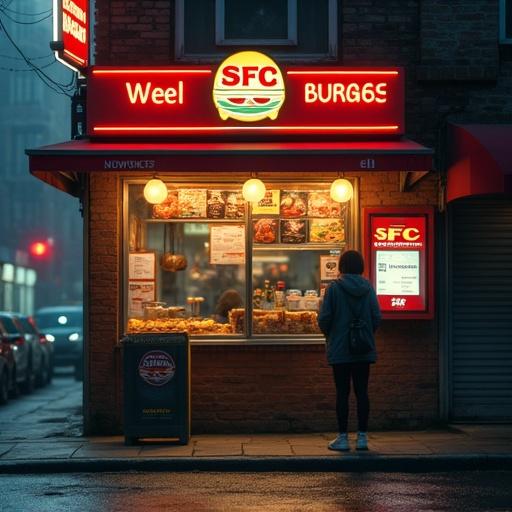 Burger shop named SFC in the city. Girl standing outside the shop during evening. Setting in Abu Dhabi city with moody atmosphere. Highly detailed photorealistic style.