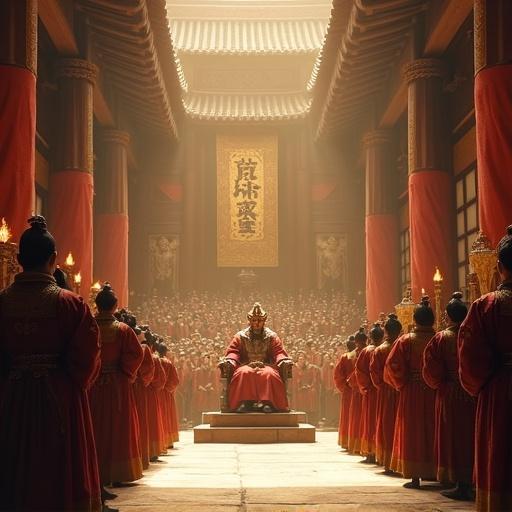 An ancient palace interior featuring a royal council meeting led by King Jumong. The king on an elevated throne wearing a crimson robe and intricate armor. Nobles and advisors in traditional attire are standing in rows. The grand hall has tall wooden pillars and dragon carvings, dimly lit by torches. Golden sunlight filters through windows. The atmosphere is tense with anticipation and respect.