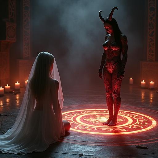 Shadows in an obsidian ritual chamber. Female summoner kneeling with flowing white robe and silver embroidery. Demonic figure stands inside a glowing summoning circle. Dark, warm cinematic lighting contrasts violet and crimson tones. Magical mist and embers enhance fantasy setting.