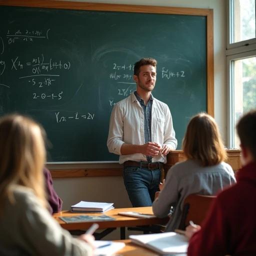 A teacher writes equations on the blackboard in a classroom. Chalk dust is visible in the sunlight. Students have their notebooks open on their desks.