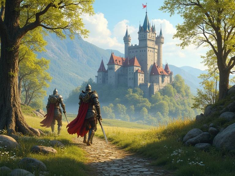 World of Elvenar depicted in springtime with two knights in armor walking toward a majestic castle surrounded by mountains and lush greenery.