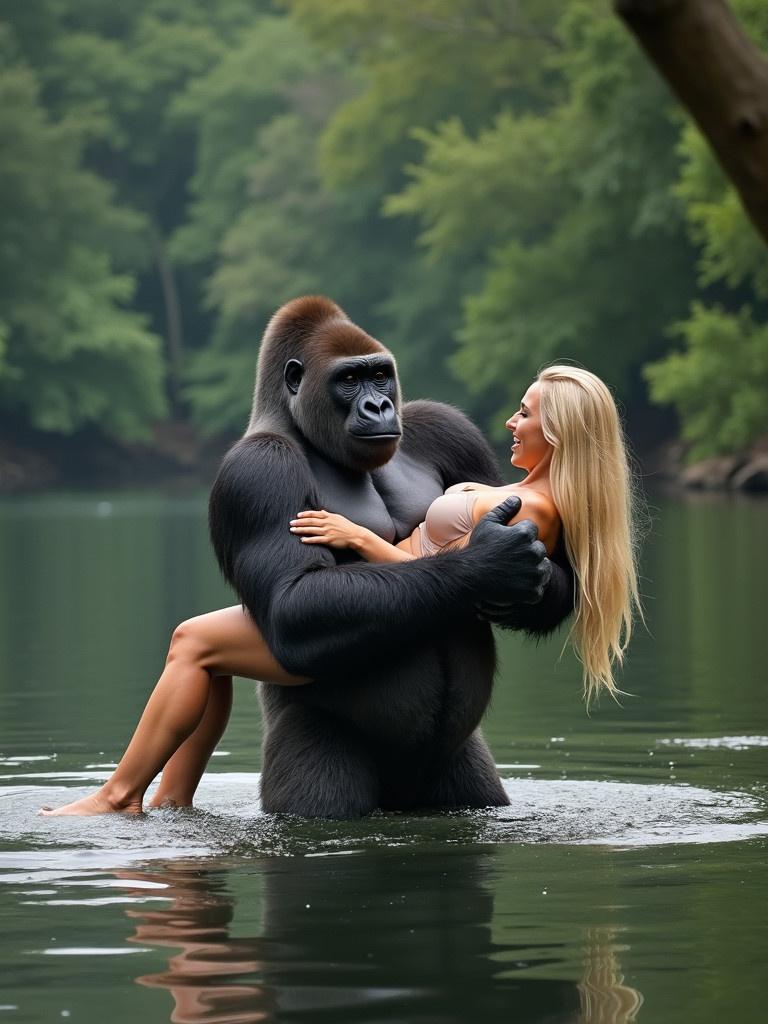 A large male gorilla carries a blonde woman in a lake. Thick forest surrounds the scene. This image showcases strength and beauty in a natural setting.