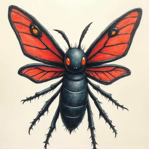 Mothman as a dark and bug type Pokémon. Ken Sugimori style. Colored pencil drawing.
