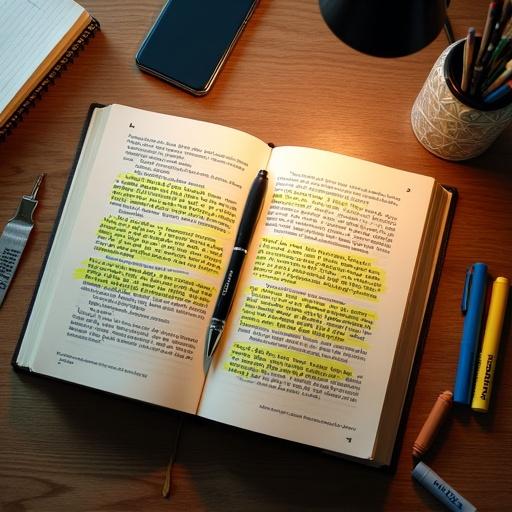 Overhead flat lay view of a study session at a wooden library table. Open business self-help book with highlighted quote by David Olabowale. Handwritten notes in black gel pen. Black ballpoint pen positioned above text. Authentic study materials surrounding. Mixed natural and lamp lighting creates indoor study atmosphere. Slightly blurred surrounding objects to emphasize quote.