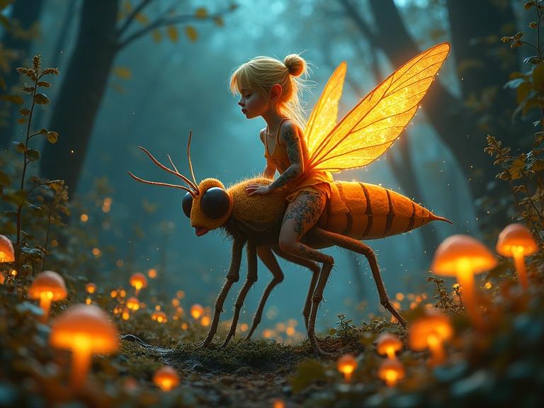 Mischievous pixie riding giant firefly in bioluminescent forest. Warm golden glow on surrounding flora. Pixie has intricate glowing tattoos. Firefly leaves trail of sparkling dust. Forest floor covered in luminous mushrooms and strange plants. Hyper-realistic style with rich color contrast.