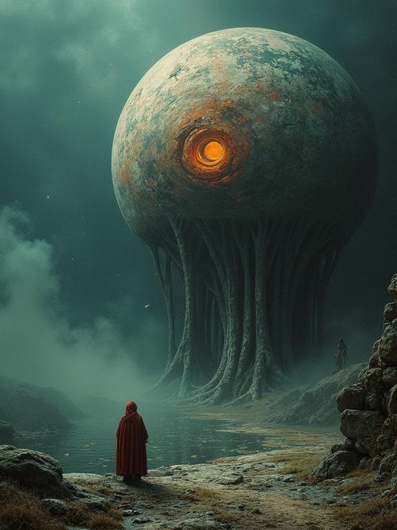 A creative world masterpiece combining elements of the style of Zdzisław Beksiński with surrealism. An otherworldly landscape showcases a giant spherical structure with an orange eye, standing amidst an eerie environment.