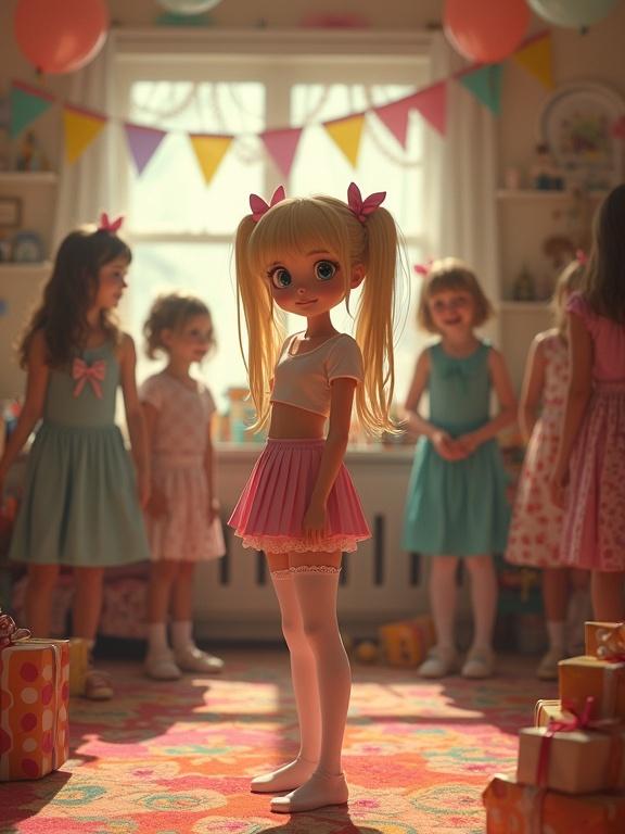 Nostalgic birthday party scene in cozy living room. Center character has long blonde twin-tails with pink bows. Dressed in playful costume with cropped top and minimal skirt. Cheerful expression. Colorful partygoers in background. Room decorated with balloons, banners, and presents. Bold vibrant rug on floor. Retro pixelated image with soft edges and over-saturated colors for vintage look.