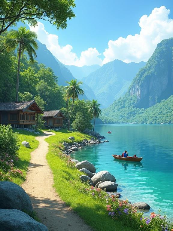 A vibrant landscape features calm water reflecting the scenery. The shoreline is lush with greenery and colorful flowers. A winding dirt path leads to the water. Traditional wooden houses are nestled among trees. A small boat is near the shore and another boat is further out. Majestic mountains rise in the background below a blue sky.