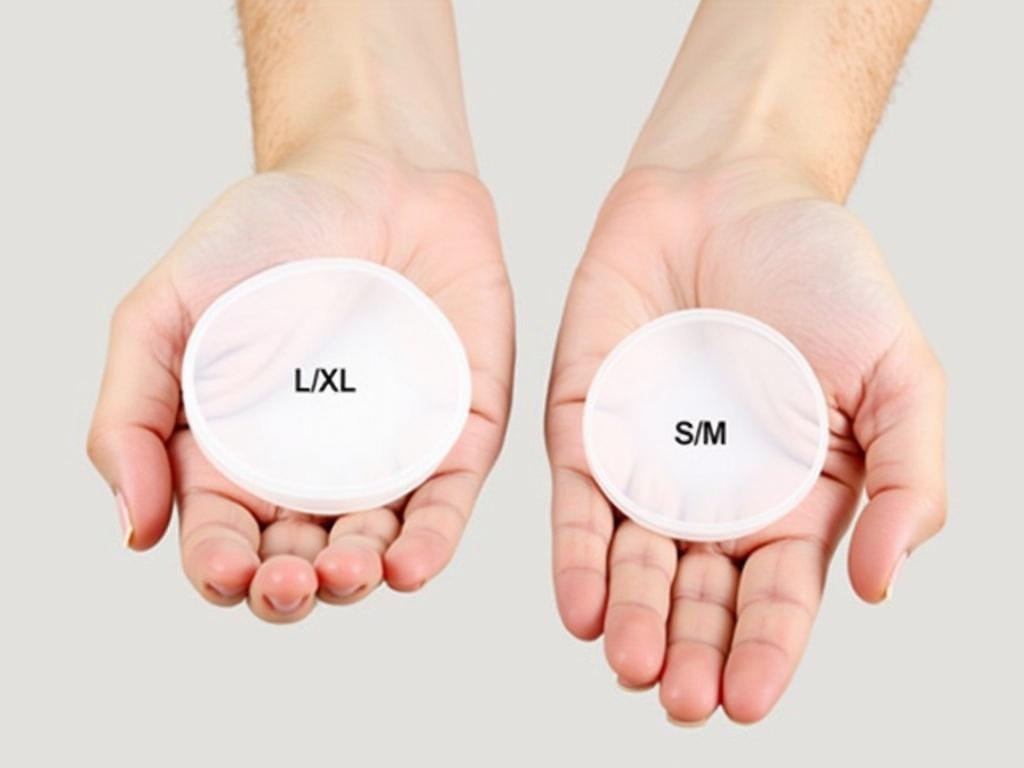 The image shows two circular silicone breast pads in a pair of hands. The left pad is larger, measuring 4 inches (10 cm) and labeled L/XL, suitable for D+ cup sizes. The right pad is smaller, measuring 3.4 inches (8.5 cm) and labeled S/M, designed for A-C cup sizes. The background is neutral, enhancing the visibility of the pads, and the hands are shown with a light skin tone, effectively contrasting against the background.