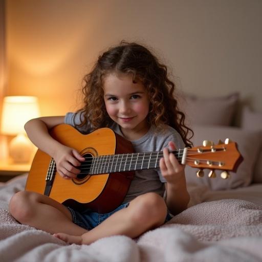 A 10 years old girl plays guitar while sitting on her bed. She has long curly dark brown hair. The setting is cozy and familiar.