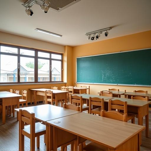 Classroom setting in a Nigerian private primary school. Modern facilities and features visible. Desks and chairs arranged in rows. Large windows allowing natural light. Chalkboard on the wall. Clean and organized space.