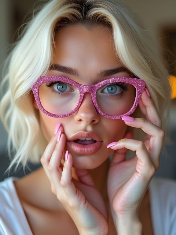 Young woman with platinum blonde hair. Blue eyes showing a surprised expression. Parted lips. Wearing oversized glitter-covered pink glasses. Holding raised hands near her face. Displaying pink glitter manicured nails. Close-up portrait with artificial front lighting. Blurred interior background with bokeh effects. Defined eyebrows and long lashes. Brown lipstick. White top visible at neckline. Shallow depth of field used in close-up photography.