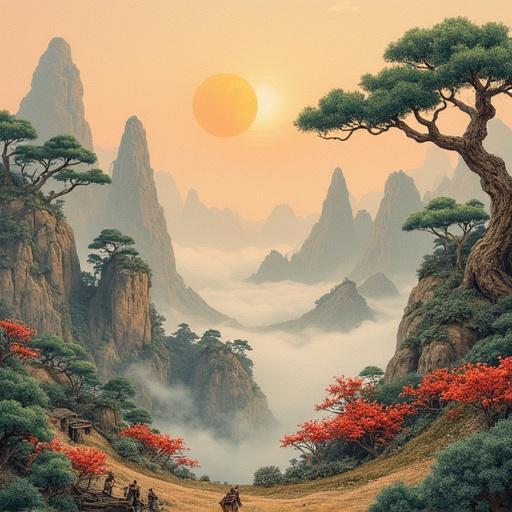A serene landscape depicting mountains under a warm sunset. A large, lush tree stands prominently on the right. Mist envelops the valley, enhancing the tranquil atmosphere.