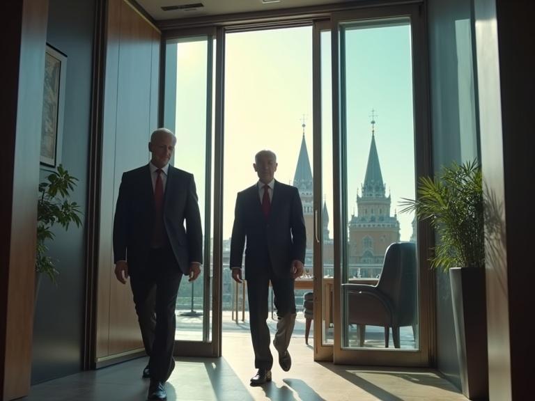 A Russian trader in a modern glass tower. Elderly man with gray hair enters the lobby with bodyguards. Dark suits and red ties worn by bodyguards. Determined facial expression. High floor office reveals stunning Red Square view. Modern office furniture. Trader views advanced monitor displaying diverse products. Satisfied smile forms on his lips.