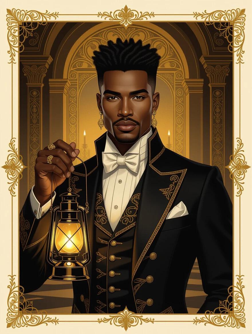 Oil portrait features a handsome creole man with styled Afro. He wears ornate golden modern formalwear. Man holds a glowing lantern in a dimly lit mansion room. Gold tones dominate the color scheme. The overall tone is dark and mysterious. Surrounded by an art nouveau style border.