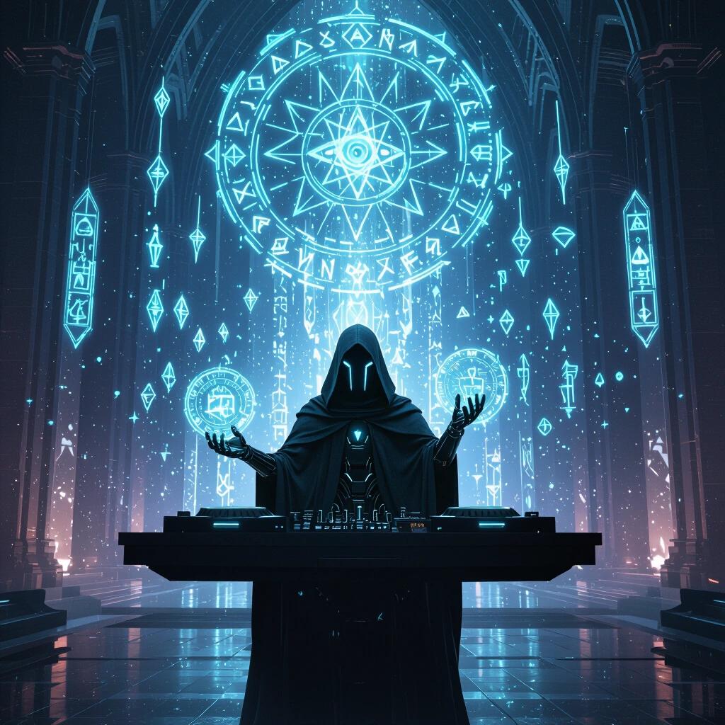 A cathedral designed with obsidian architecture merged with technology. A robot cloaked in darkness operates as a DJ. Holographic runes float around creating a magical atmosphere. This fusion of music and magic creates an enchanting experience.