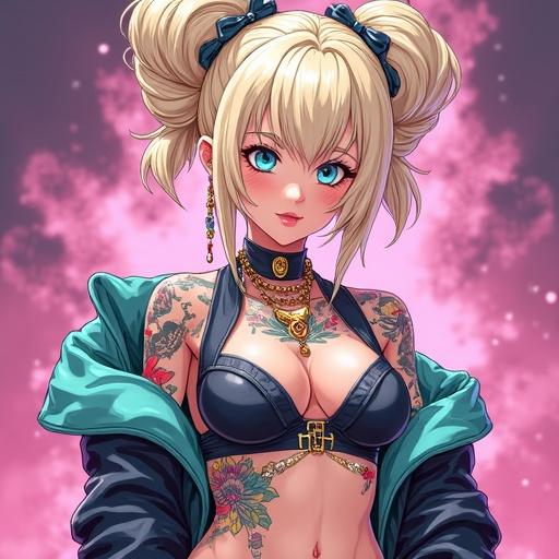 Anime character depicted with a stylish edgy outfit. The character combines punk rock aesthetics with futuristic elements. Features colorful tattoos representing Japanese culture. The setting suggests modern luxurious vibes akin to a music video. The character's features include light blue eyes and an oversized light blonde hair bun with accessories. She has a fit physique and a confident stance.