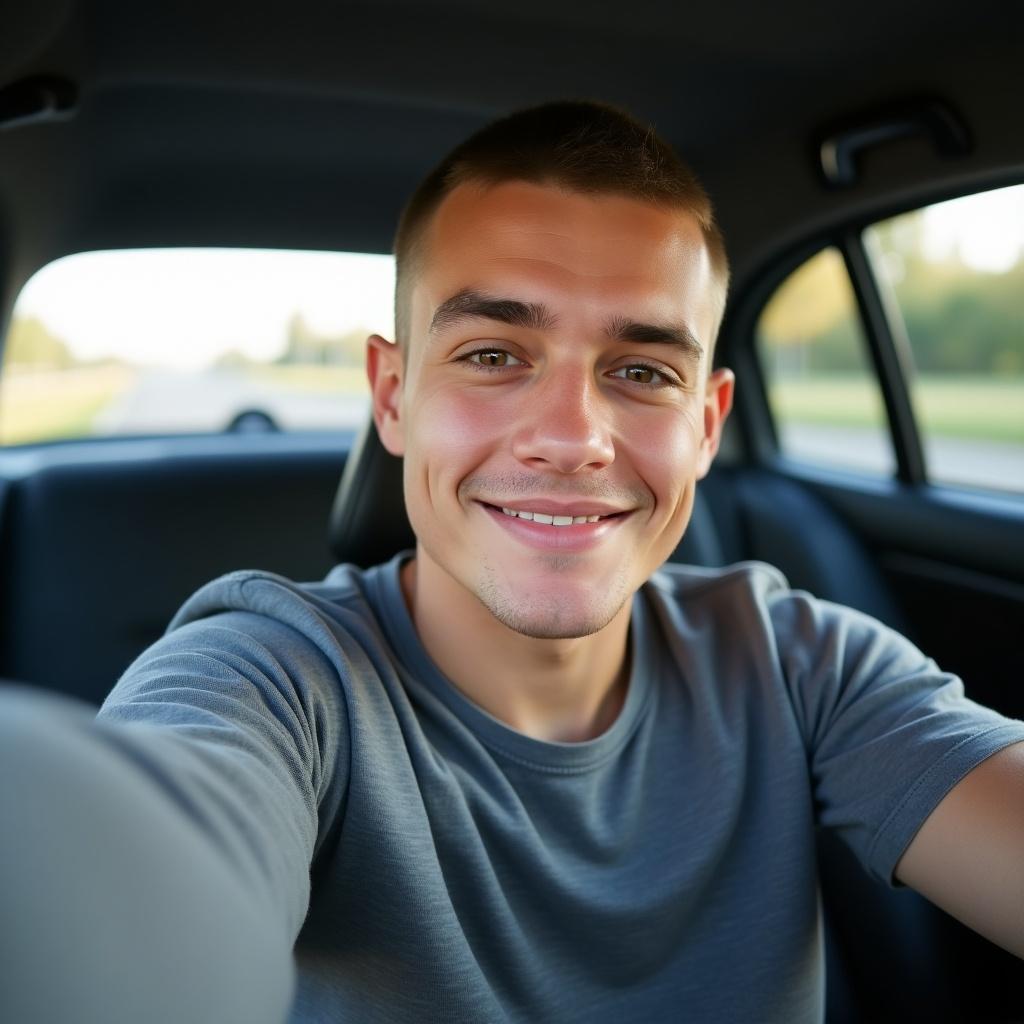 Take a photo of a light skin male in casual attire sitting in a car. He has a buzz cut. Reduce background lighting. He has smaller eyes, pink lips and a not too developed jawline. His cheekbones are not prominent.