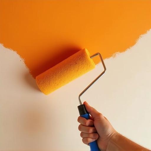 Painter worker using paint roller to apply orange color on ceiling surface.