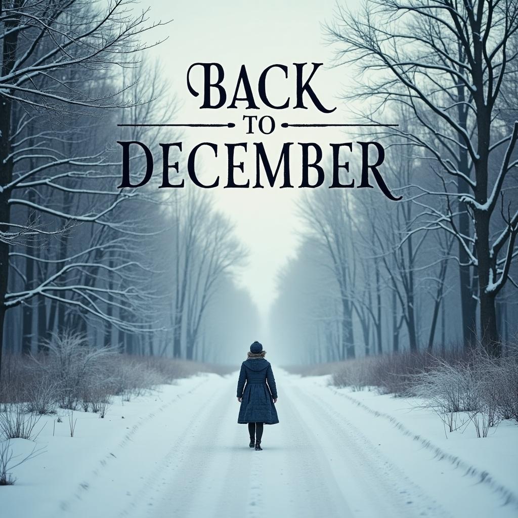 Design a movie poster titled Back to December. A figure in a long coat walks down a snowy path lined with trees. The atmosphere is cold and nostalgic with a sense of longing and reflection.