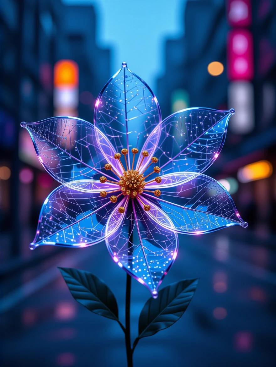 Macro photograph showcasing a transparent flower crafted from electrical wire. Flower features bikini-style petals made of plastic and wire. Set against a futuristic dystopian city backdrop at night. Image includes vibrant city lights in purples and blues. Detailed textures like newspaper and jute. Mixed media with elements like glitter and confetti. Captures magical depth and stunning composition. High-quality photorealistic visual.