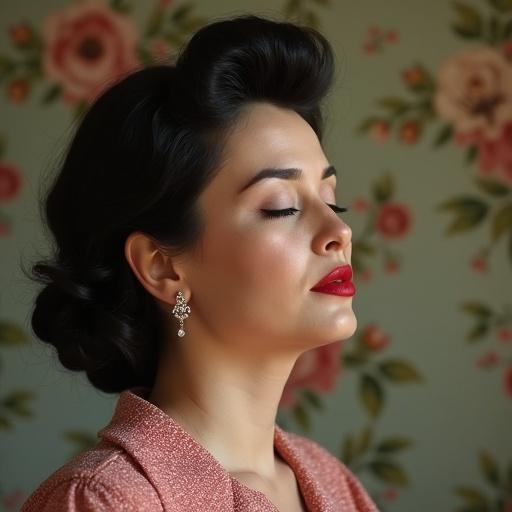Portrait of a 35 year old charming woman with a classic 1950s hairstyle. She has closed eyes and a closed mouth. The woman displays shyness and pain, with prominent facial features and diamond earrings. The setting has floral wallpaper in soft colors. Side view displays a soft expression and elegant attire.