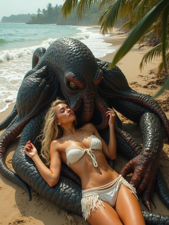 Fantasy scene at the beach. An enchanting tribal woman in a white translucent loincloth rests on her back. A large Cthulhu creature cuddles her on the sandy shore. The woman has disheveled blonde hair and closed eyes. Her hand gently pets the creature's head. Bright sunny day with palm trees and rough sea behind them. Close and intimate atmosphere of friendship.