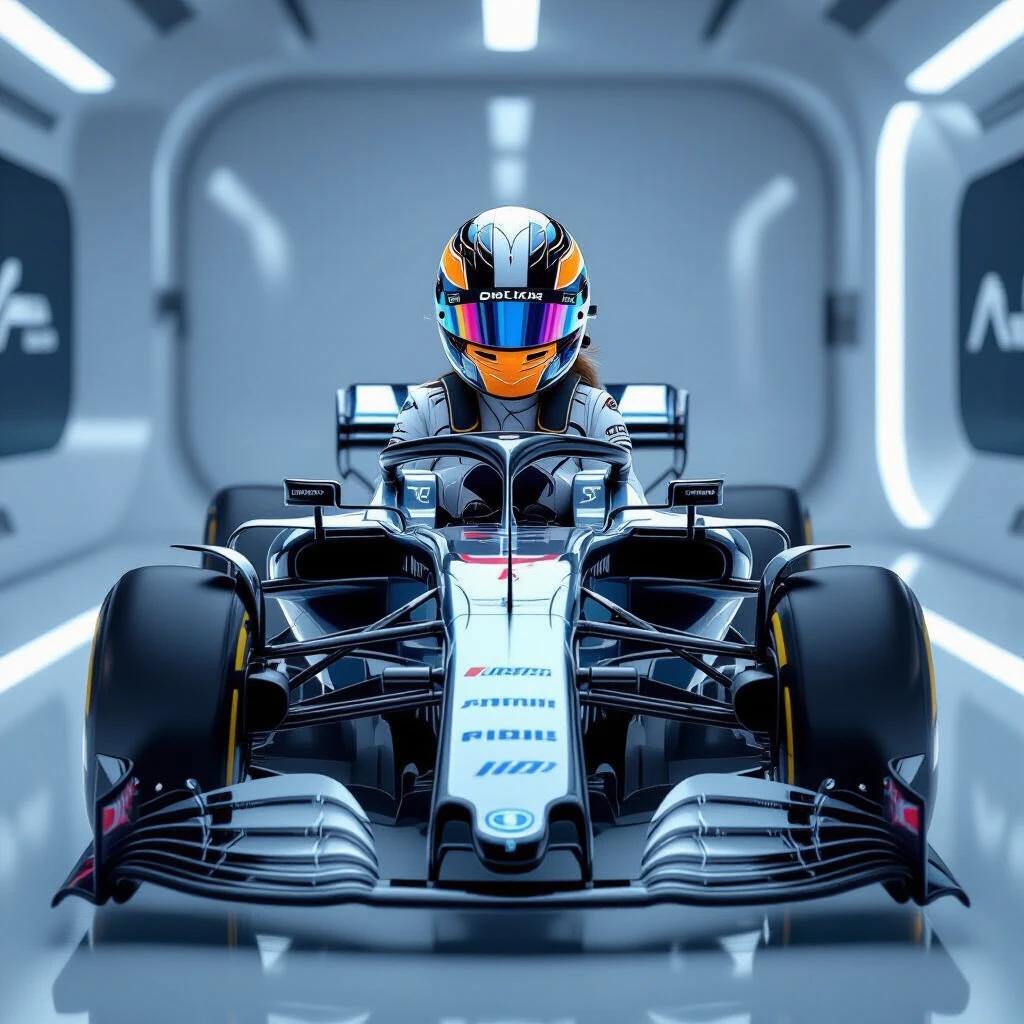 Female Formula 1 driver in high-tech helmet. Futuristic Formula 1 car inspired by penguin's beak. Sharp elongated nose and stylish feather patterns. Translucent aerodynamic fins and carbon-fiber panels. Shinkansen-style windows glowing with LED light. Dynamic racing on neon track, tire smoke, and sparks.