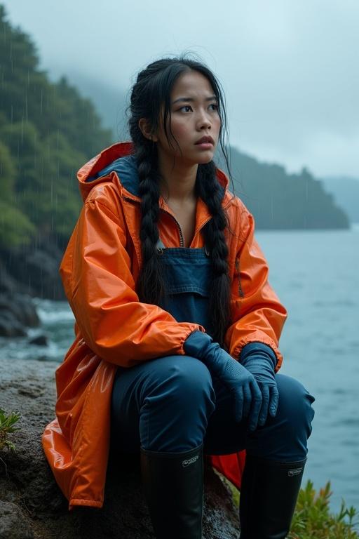 A young woman wearing a bright orange raincoat and navy blue dungarees sits on a cliff, looking out toward a cold sea. It is a torrential rainstorm with dark clouds covering the sky. Her long black hair is wet and styled in two pigtails. The surrounding is a lush, green forest that reflects a rural coastal environment.
