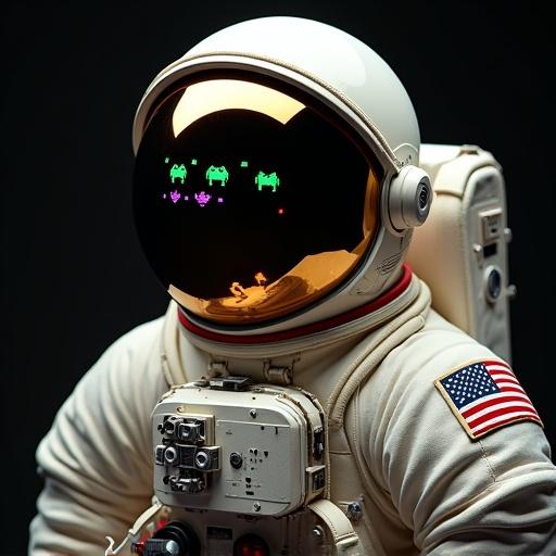Astronaut helmet reflects Space Invaders game. Helmet is off-white with worn texture. Space Invaders are colorful with green cyan and purple aliens with red bunkers and yellow laser. American flag and mission patch visible. Background is black.
