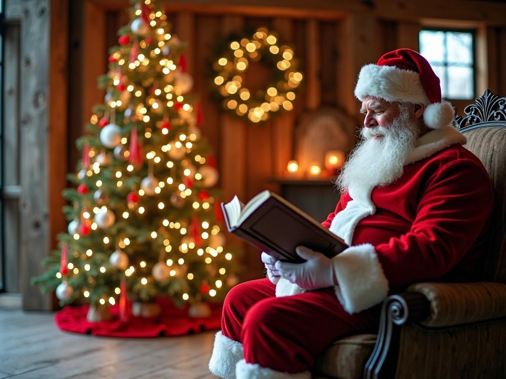 A festive scene captures Santa Claus sitting comfortably in a vintage armchair, absorbed in a book. The background is filled with a beautifully decorated Christmas tree adorned with shimmering lights and ornaments. Rustic wooden walls complete the cozy setting, providing a perfect ambiance for holiday cheer. The warm lighting creates a welcoming glow, making it feel like a scene from a cherished Christmas story. This imagery evokes the spirit of the holiday season, reflecting traditions and storytelling.