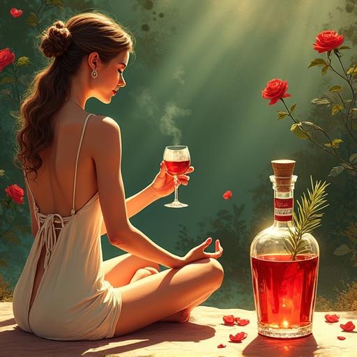 Stylized advertisement featuring a 1920s speakeasy. A modern Venus goddess enjoys meditation. She wears a silky dress. She offers a glass of herbal liqueur to her male partner. The atmosphere is serene with rose petals and lush plants. An apothecary-style spirit bottle is prominently placed. The scene uses earthy tones in a whimsical illustration style.