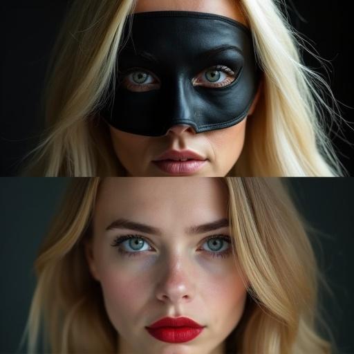 Upper panel portrays two mature women with blonde hair and black masks; evokes mystery. Lower panel shows a young woman with blonde hair and blue eyes; she has bold red lipstick and a defeated expression.