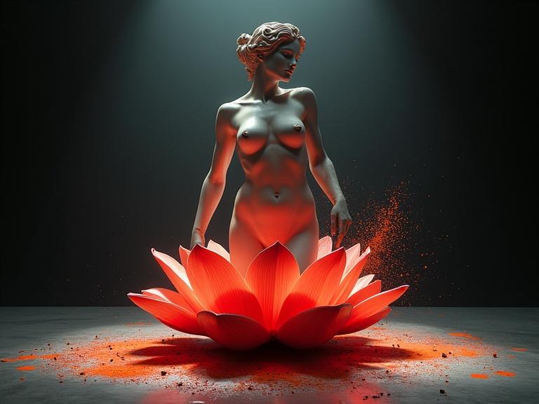 Wide shot of a nude Venus of Milo statue emerging from a lotus flower. Scene in dark showroom with spotlight lighting. Surrounded by vibrant paint splashes. Hyper-realistic digital illustration with high contrast.