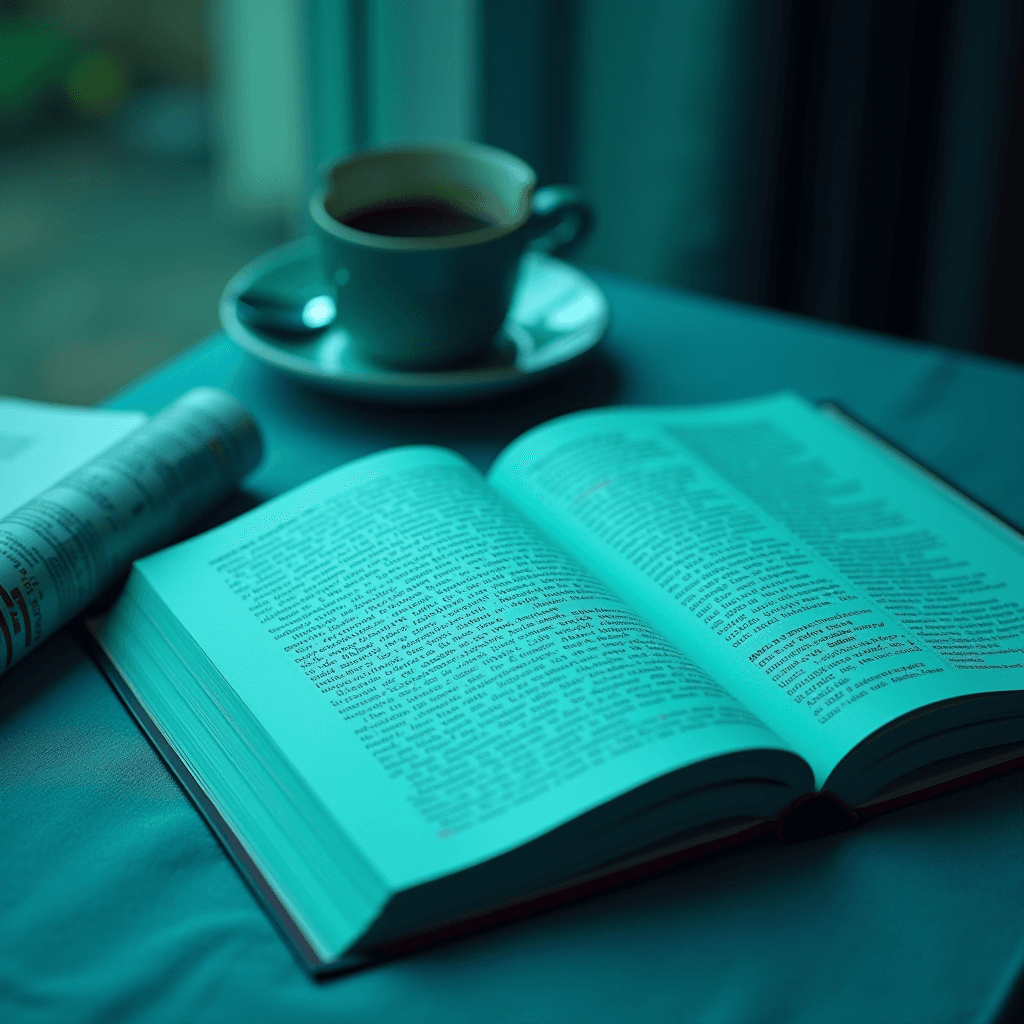 The image captures a serene scene of a cozy reading setup on a table. At the forefront is an open book with visible text, placed next to a closed magazine or journal. Behind these, a cup of coffee sits on a saucer, suggesting a comforting atmosphere ideal for reading and relaxation. The lighting is soft and calming, with a teal tint that adds a soothing effect to the overall image. The out-of-focus background hints at a window, contributing to the tranquil and inviting setting.