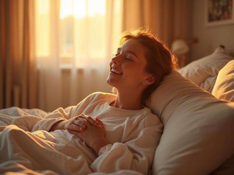 Person waking up in cozy bed with sunlight entering through window smiling with hands on chest feeling inner peace and abundance