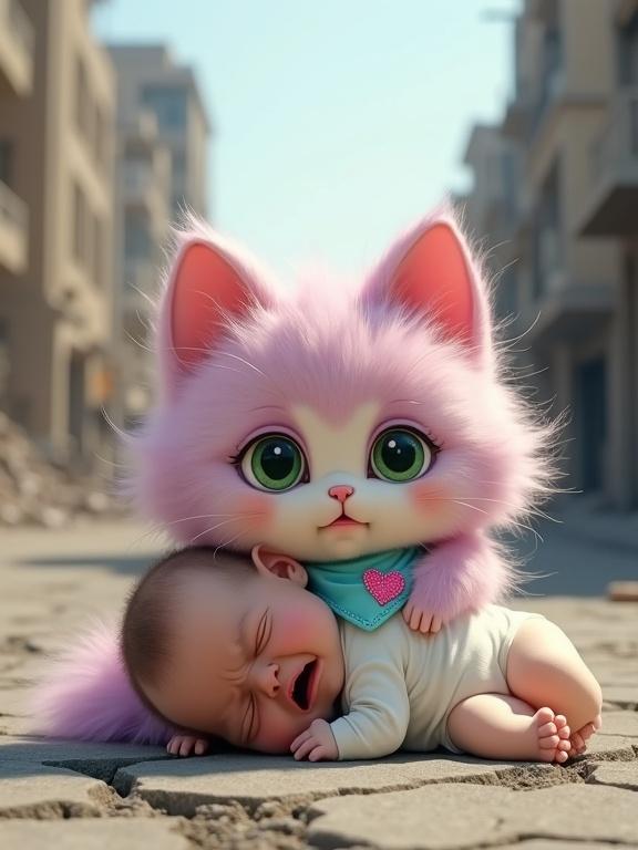 Fluffy anthropomorphic kitten with pastel pink lavender fur lies protectively on crying baby in devastated city street. Kitten has large expressive green eyes oversized head rounded features and light blue bandana. Baby is in a white onesie crying on cracked ground.