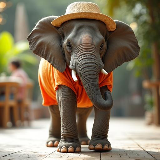 Elephant walking on a catwalk during summer. Elephant wearing colorful summer tank top and beach hat. Soft lighting comes from above. Fashion style reflects high fashion brands. Cozy café atmosphere.
