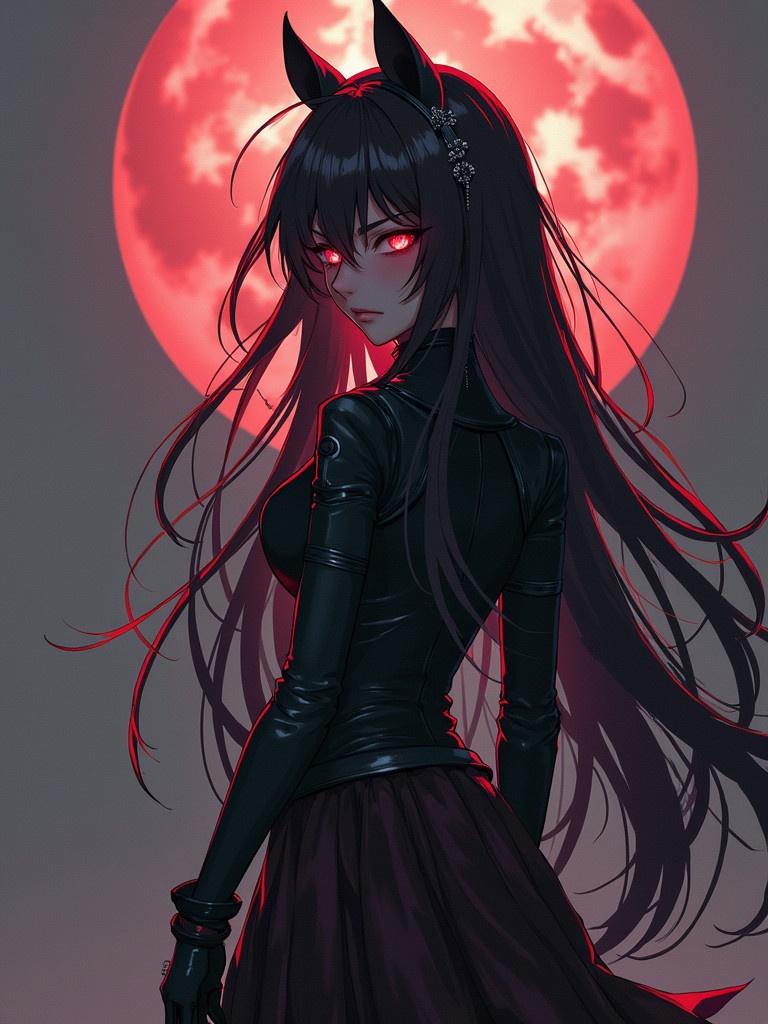 Anime character wearing black leather outfit with long dark hair. Character stands in front of a large red moon. Background fades to gray. Hair and outfit flow elegantly. Character appears mysterious.
