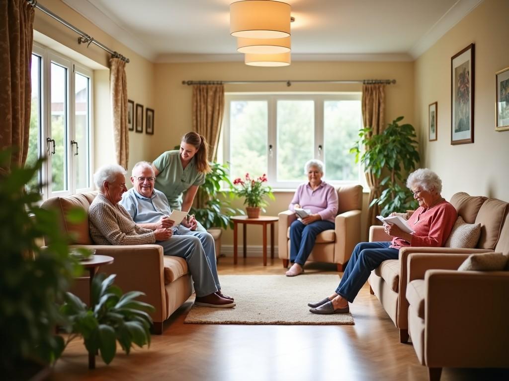 The scene depicts a warm and inviting nursing home environment. Five elderly individuals are happily engaged in various activities. One caregiver is interacting with the residents, contributing to the community feel. Theroom is well-lit, featuring plants and comfortable furniture. Everyone appears content and engaged, reflecting a supportive environment for seniors.