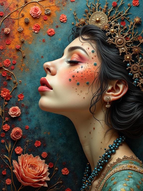 Mixed media portrait of a woman in profile. She has intricate details on her face. Background features roses and decorative elements. Artistic style combines multiple influences. Deep colors create a vibrant look.