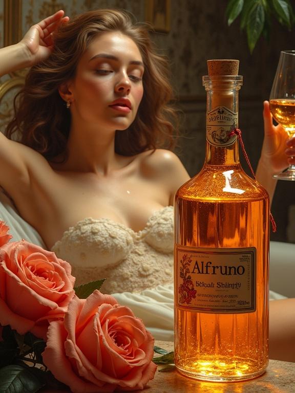 A Renaissance-style painting of a modern Germanic goddess relaxing in a spa. She holds a glass of herbal liqueur and is surrounded by roses. A prominent apothecary-style bottle labeled 'ALFRUNO' is placed in the foreground. Soft lighting enhances the golden colors and opulent atmosphere. The scene is detailed and reflects grandeur.