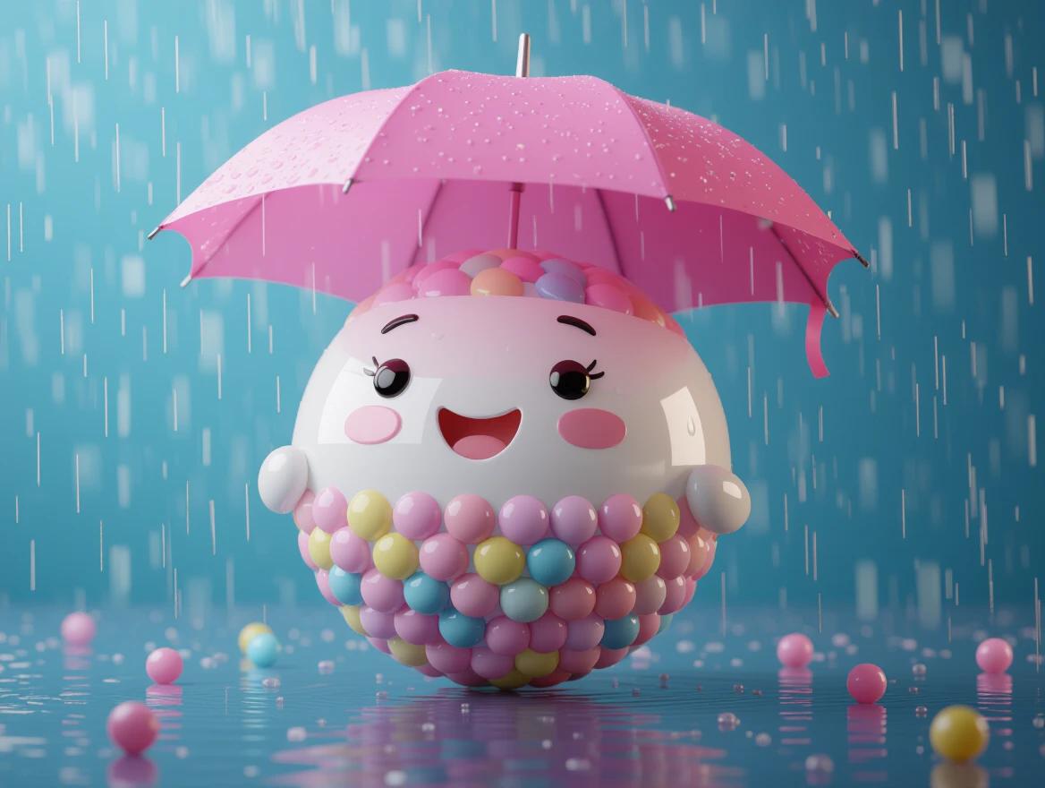 3D gumball character holding a pink umbrella on a rainy day. Colorful and cheerful scene with iridescent textures. The character is smiling and surrounded by water droplets.