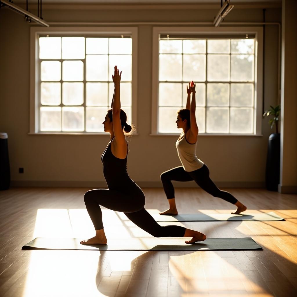 The image depicts two women engaging in yoga practice in a dance studio. They are positioned on yoga mats, with one performing a lunging pose and the other in a raised arm posture. Sunlight streams through large windows, creating dynamic patterns on the wooden floor. The warm glow of the light enhances the calm and peaceful atmosphere. This setting conveys a sense of tranquility and focus, ideal for a yoga session.