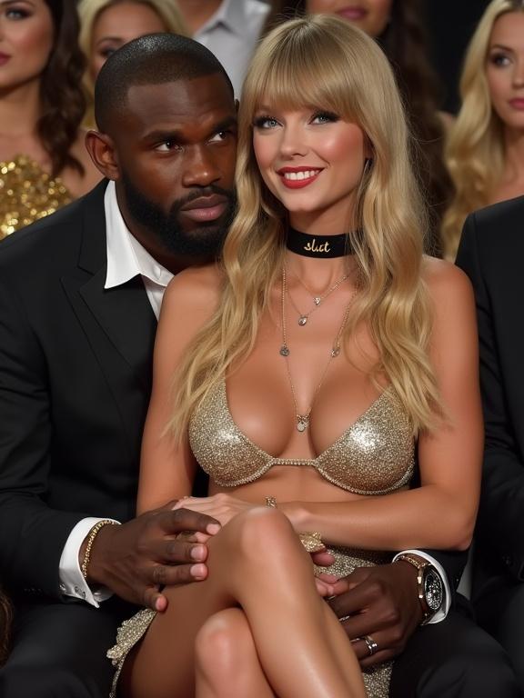 Singer wearing blonde bangs and long twintails. She has blue eyes and stylish makeup. Wears sparkling gold bikini top showing cleavage. Short formfitting gold miniskirt paired with high clear heels. Black dog collar and leash held by boyfriend. Sitting on boyfriend, smiling at viewer. Front row at awards show.